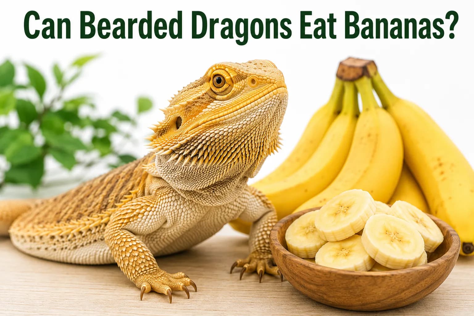 Bearded dragon with fresh bananas and banana slices illustrating whether bananas are safe for bearded dragons to eat.
