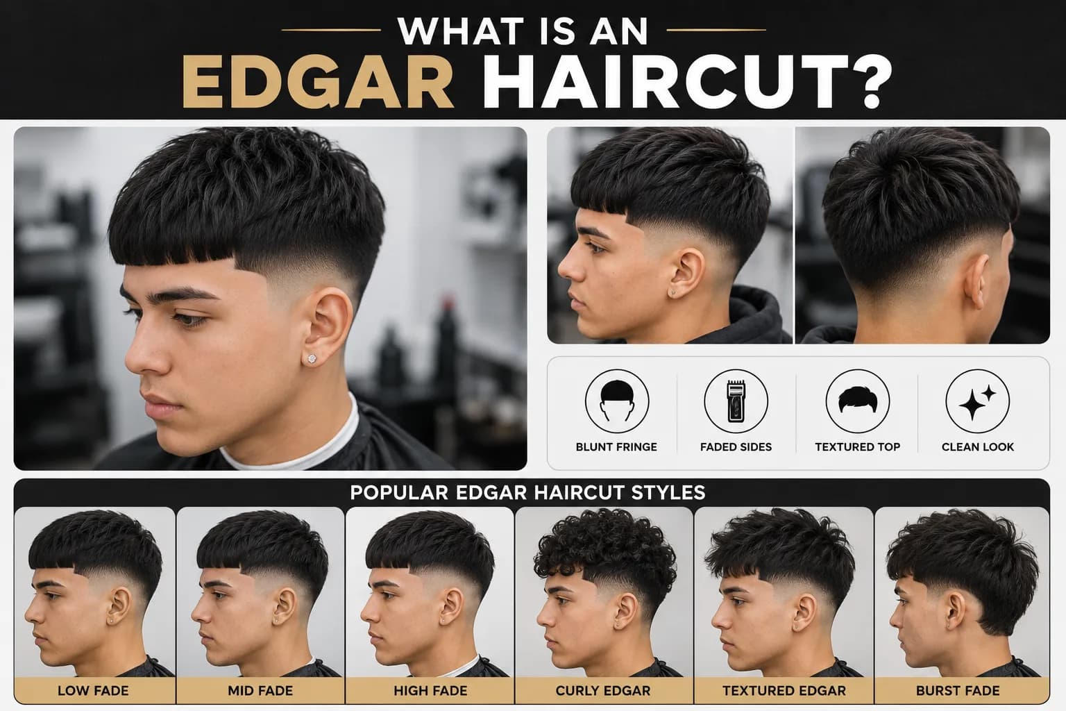 Infographic showing the Edgar haircut with front, side, and back views plus popular Edgar haircut styles.