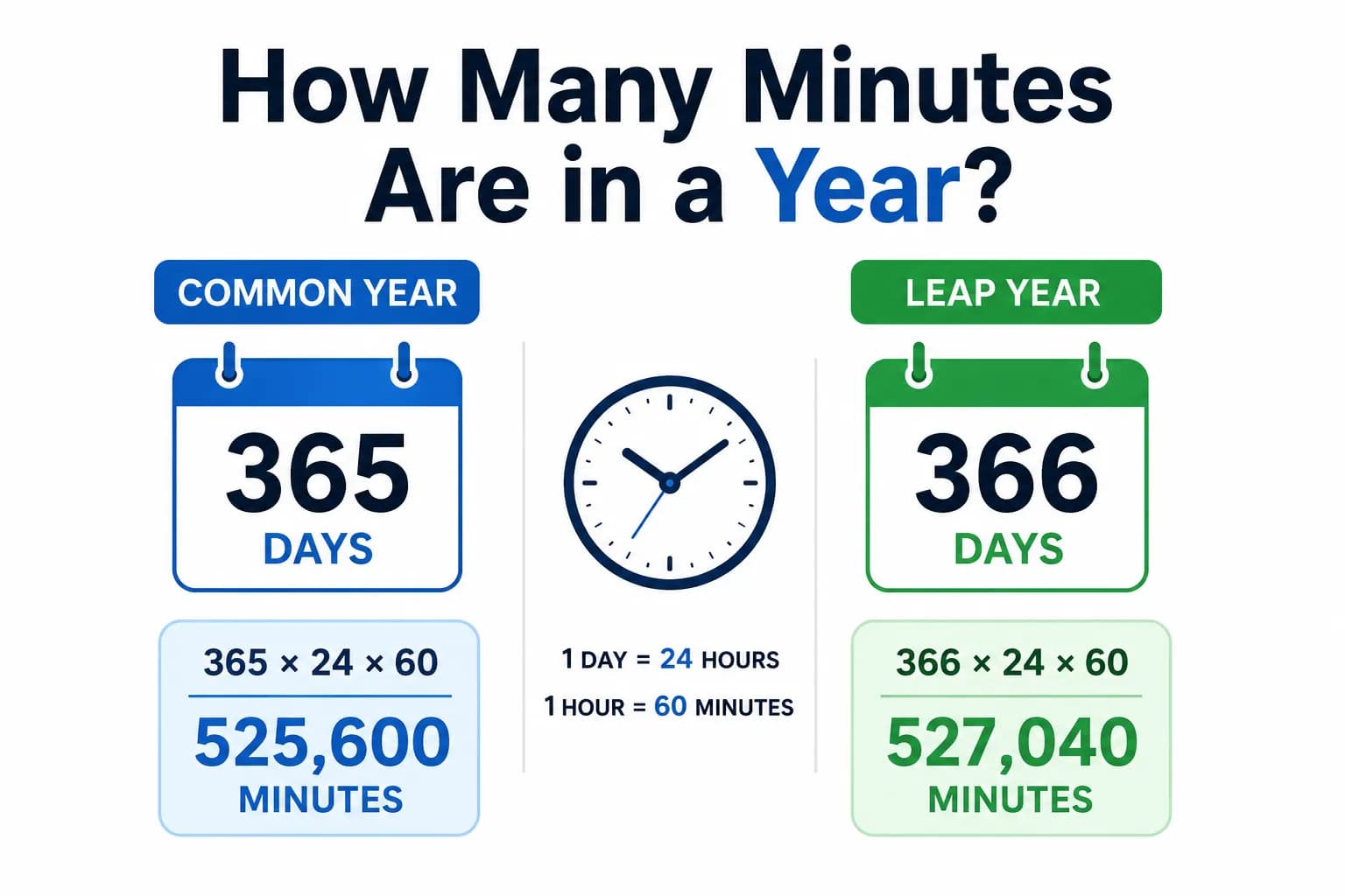 Infographic showing how many minutes are in a year, comparing a common year (525,600 minutes) and a leap yea