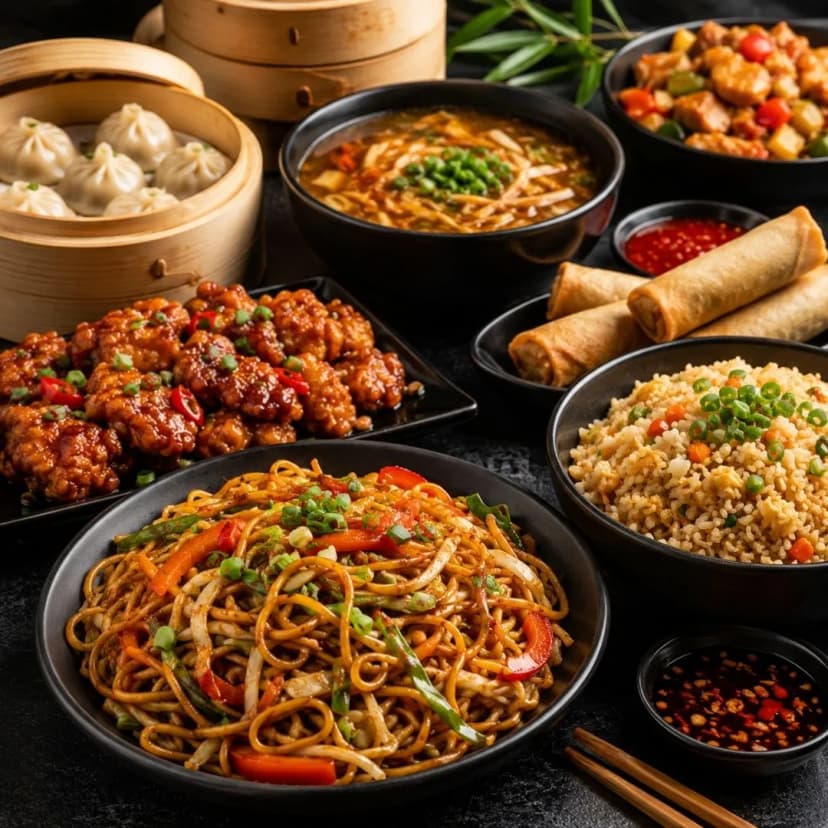 Square image of delicious Chinese food featuring noodles, fried rice, dumplings, spring rolls, and flavorful Asian dishes.