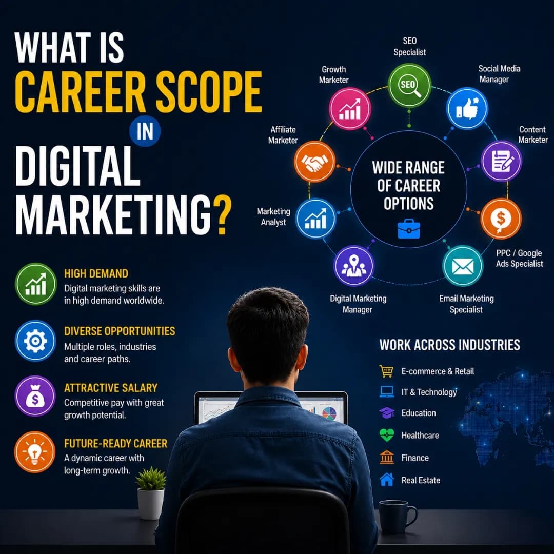 Career scope in digital marketing infographic showing job opportunities, skills, salary potential, and career growth.