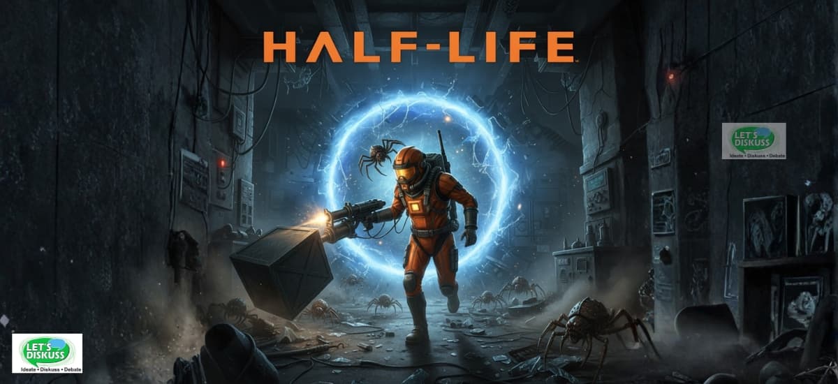 Alyx Vance and Gordon Freeman standing in a dystopian Half Life world with Black Mesa imagery and iconic sci fi elements.