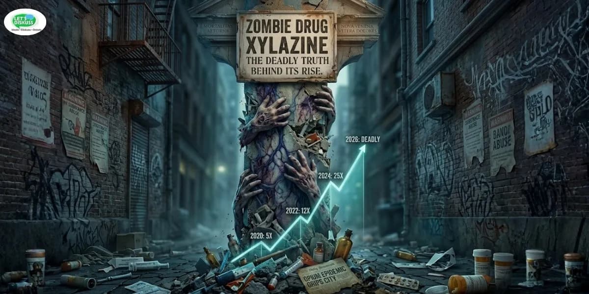 Illustration of zombie drug xylazine crisis showing a decaying human figure with wounds emerging from a pillar in a dark alley, surrounded by syringes and rising overdose statistics graph.