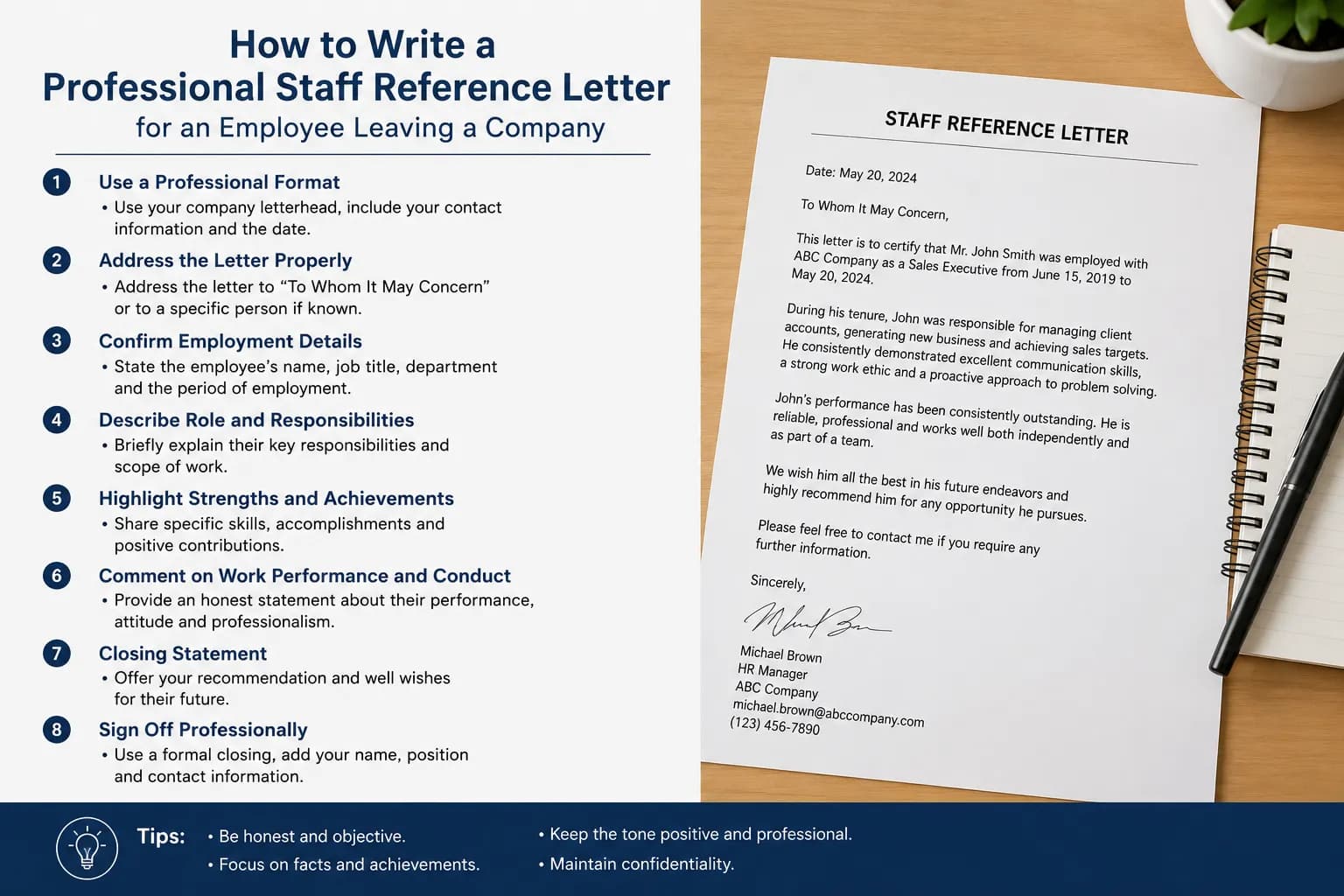 How do you write a professional staff reference letter for an employee leaving a company