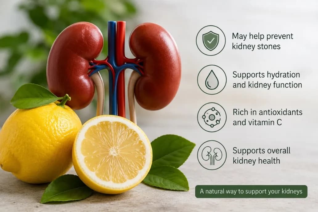 Is lemon good for your kidneys? Anatomical kidney model with fresh lemons illustrating the benefits of lemon water for kidneys.