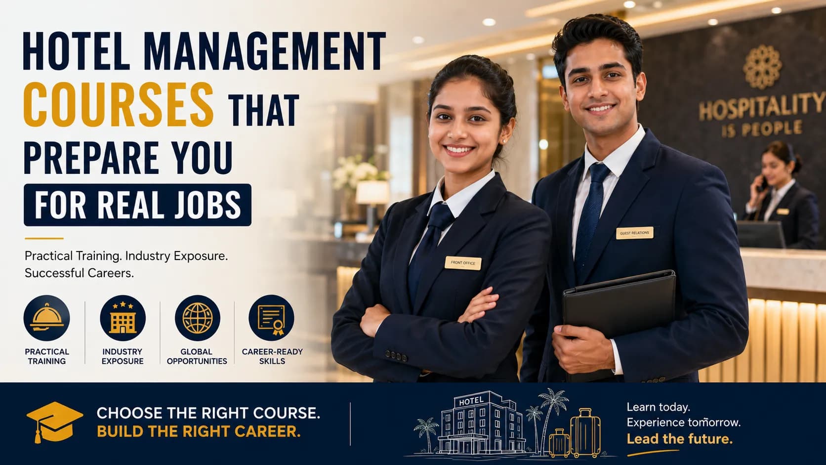 Two hospitality students in professional uniforms standing in a luxury hotel lobby, representing practical hotel management courses with industry training, internships, and career-ready skills.
