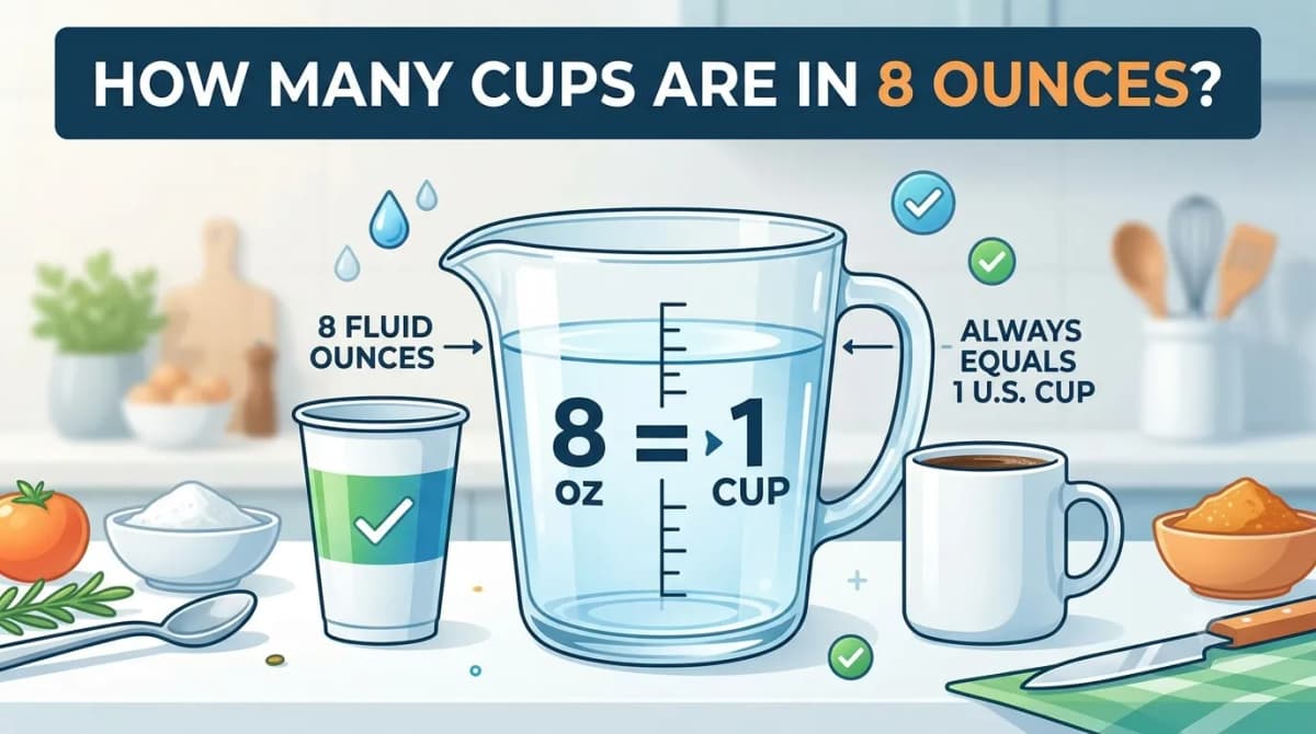 Kitchen chart showing 8 oz to cups conversion for liquids and dry ingredients like flour and sugar
