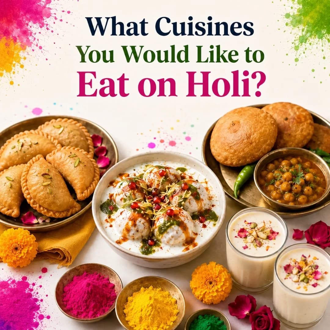 Square festive Holi food image featuring gujiya, dahi bhalla, kachori, thandai, and colorful Holi powders with the title ‘What Cuisines You Would Like to Eat on Holi?