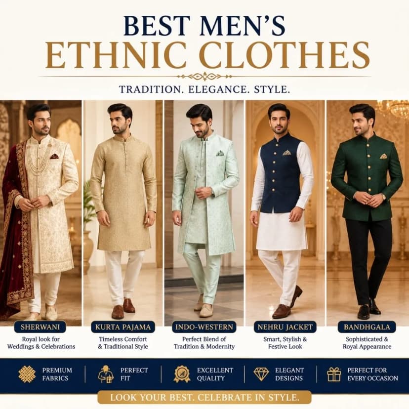 fashion image featuring stylish men’s ethnic wear including sherwani, kurta pajama, Nehru jacket, and bandhgala outfits.