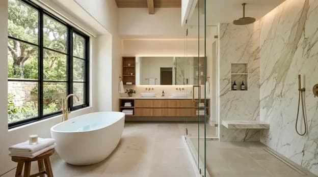 Walk-in shower and bathtub in a modern Palo Alto bathroom, highlighting the differences in accessibility, space, and design.