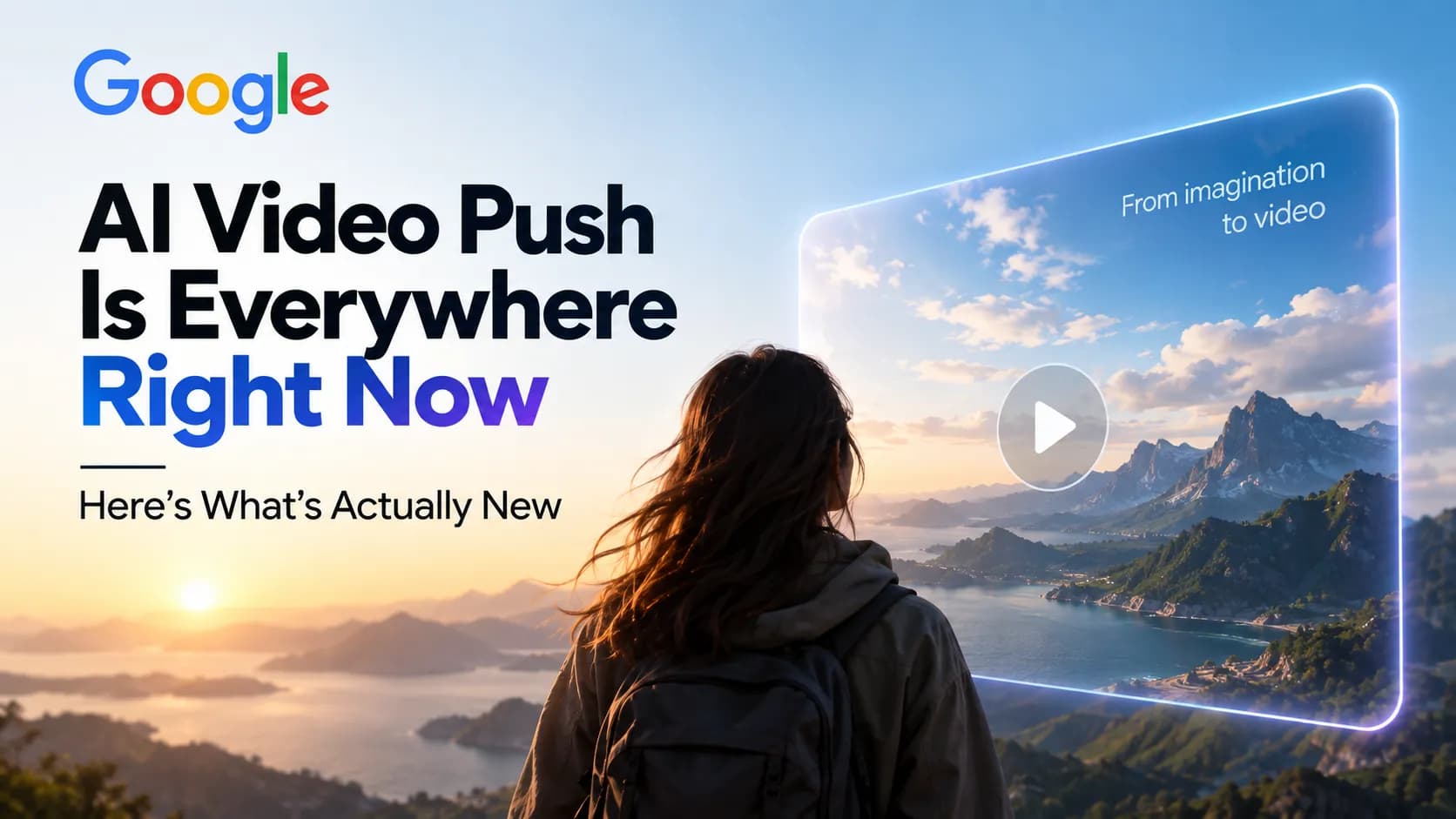 Google AI video tools showcased with a cinematic landscape, highlighting AI video generation and Veo technology.