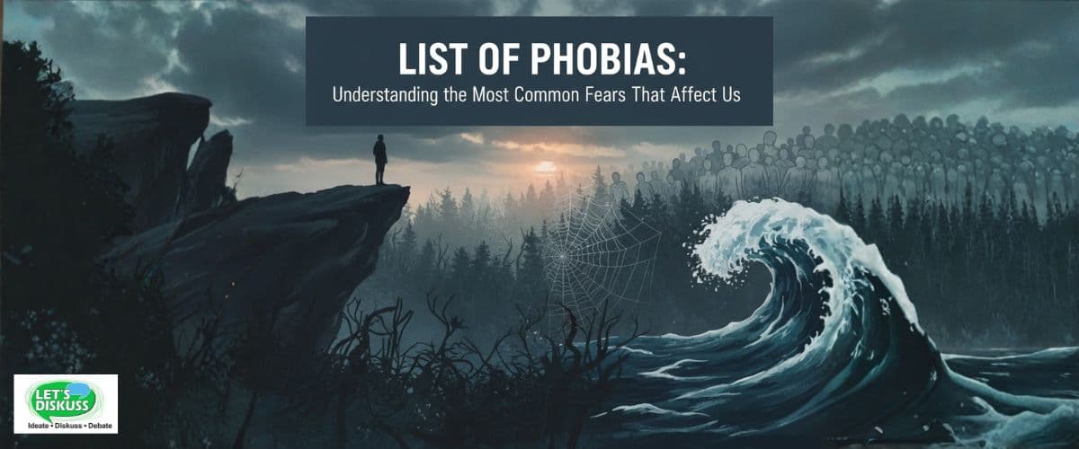 Illustration showing various common phobias like fear of heights, darkness, spiders, and flying with calm background visuals.