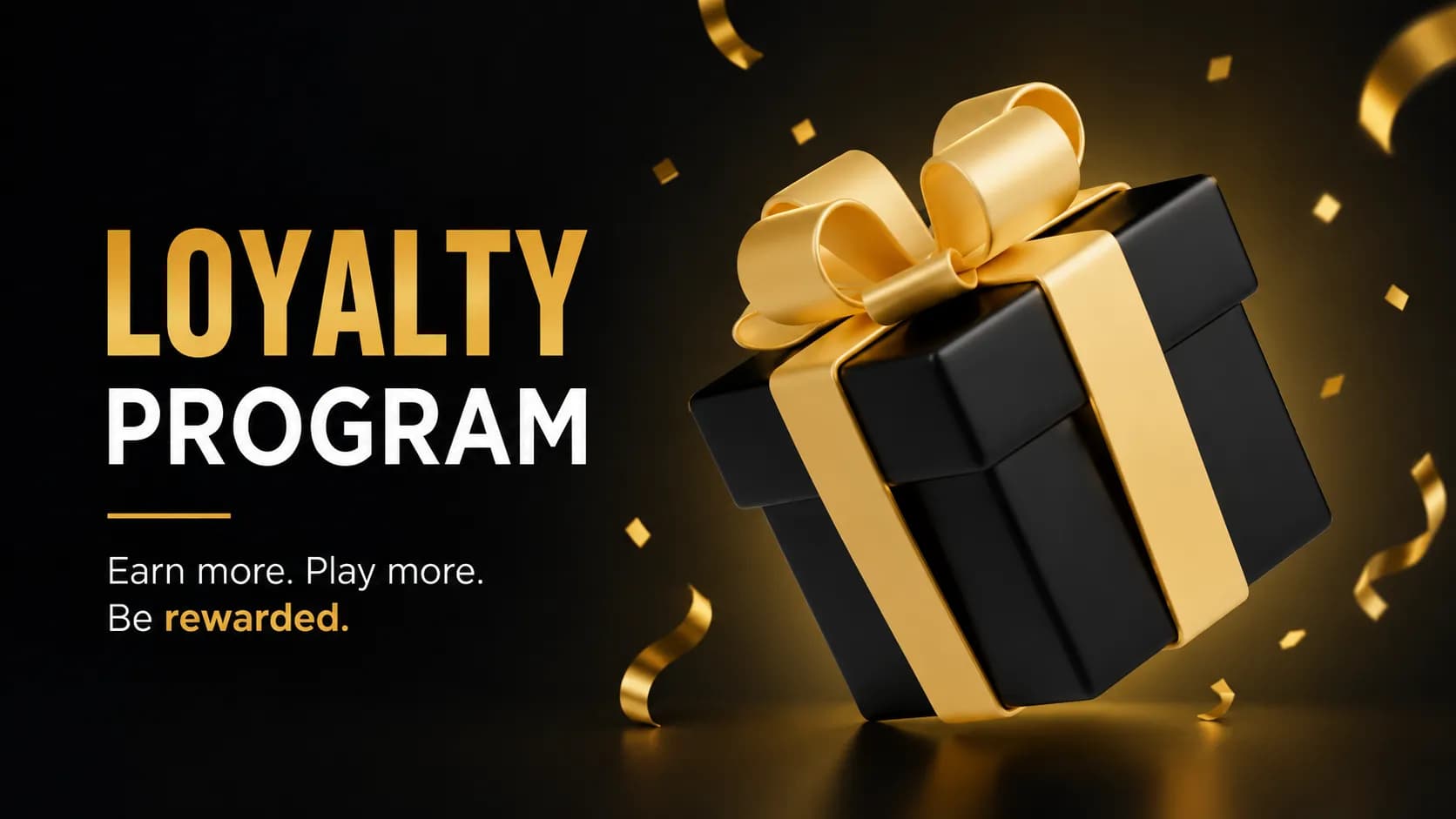 Black gift box symbolizing online casino loyalty rewards, VIP perks, cashback, and player bonus programs
