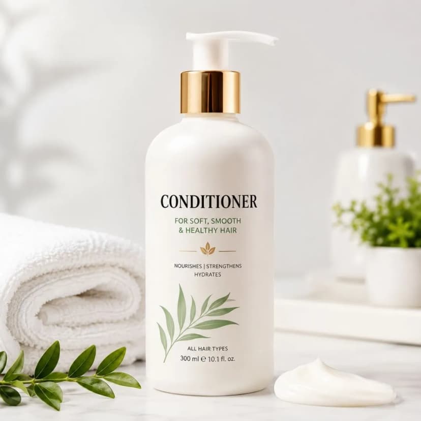 a hair conditioner bottle in a minimal bathroom setting with a neat skincare aesthetic.
