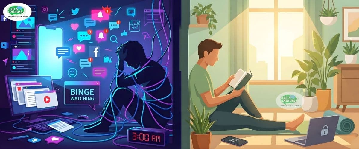 Illustration showing common bad digital habits like phone overuse and tips to overcome them for healthier screen time.