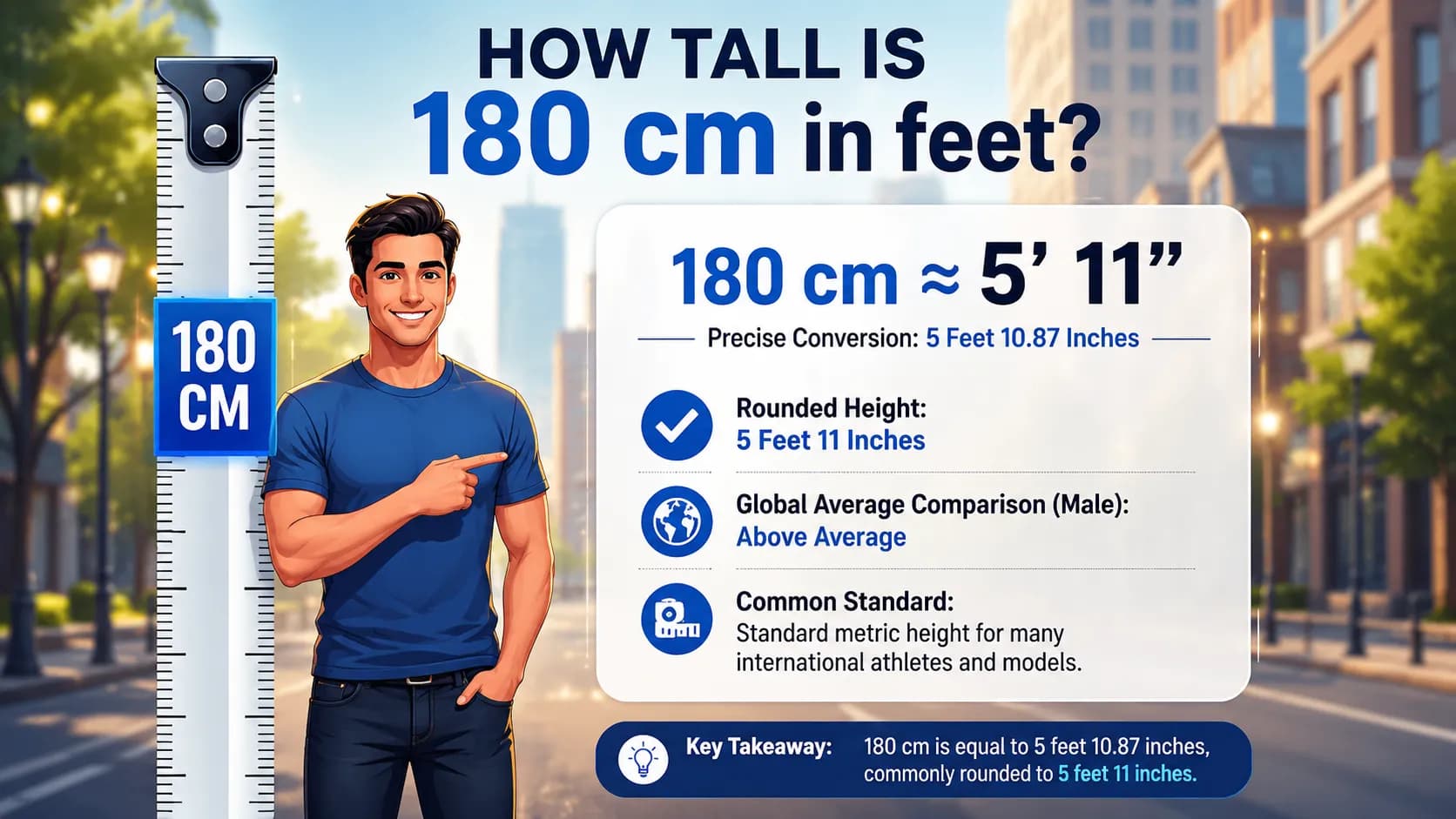 How tall is 180 cm in feet? 180 cm equals 5 feet 10.87 inches, commonly rounded to 5 feet 11 inches.
