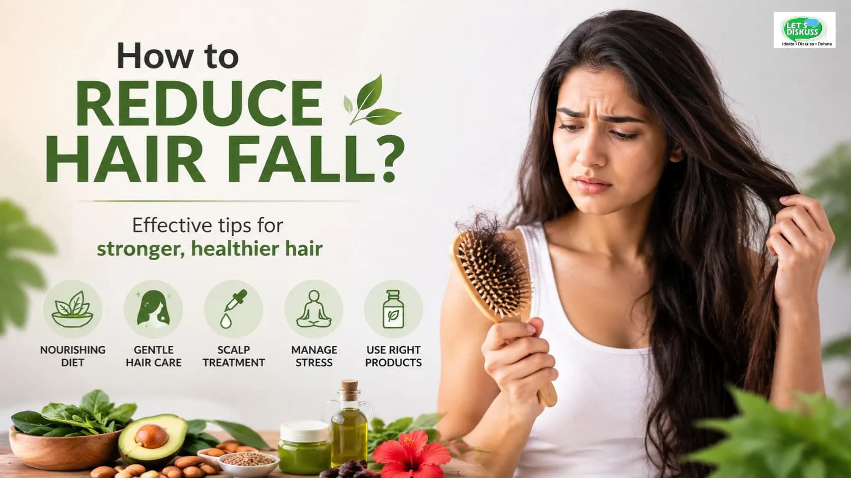 Woman examining hair loss with healthy hair care tips and natural ingredients for reducing hair fall and stronger hair.