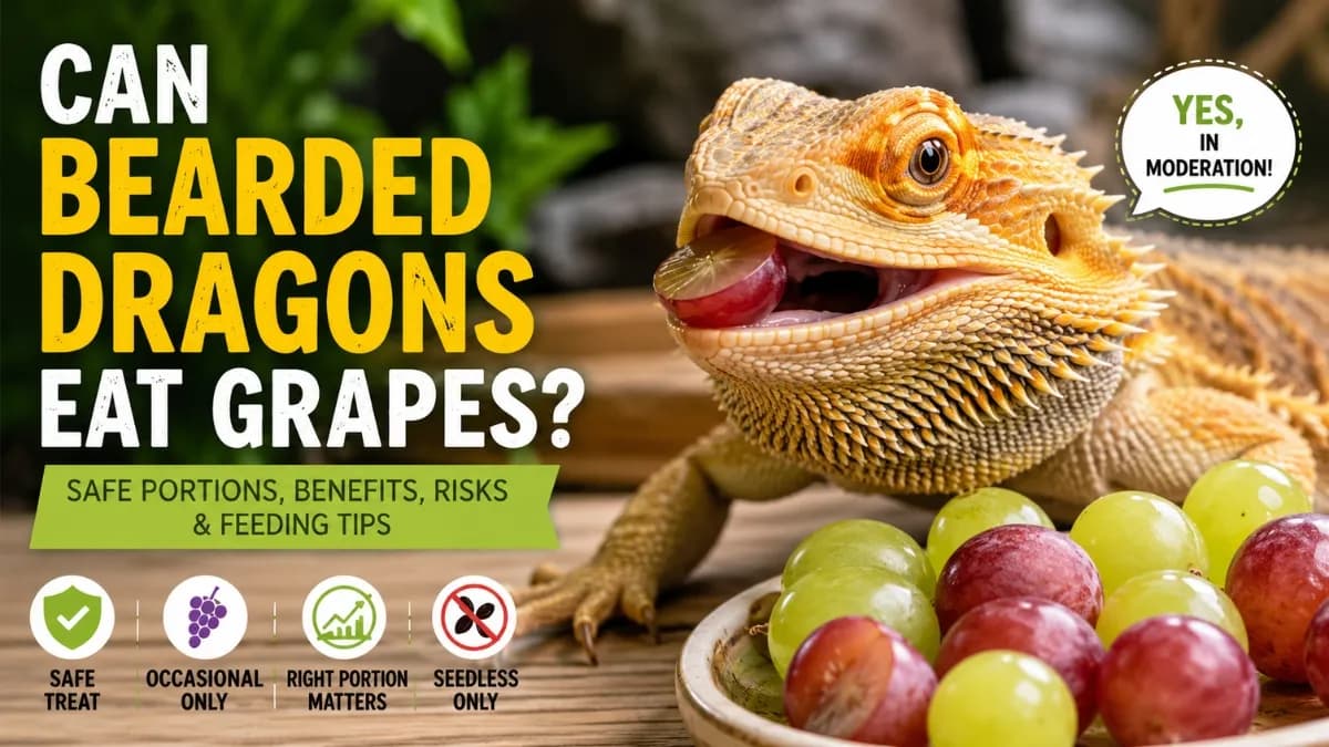 Bearded dragon eating a quartered grape beside fresh green and red grapes, illustrating safe grape feeding in moderation.