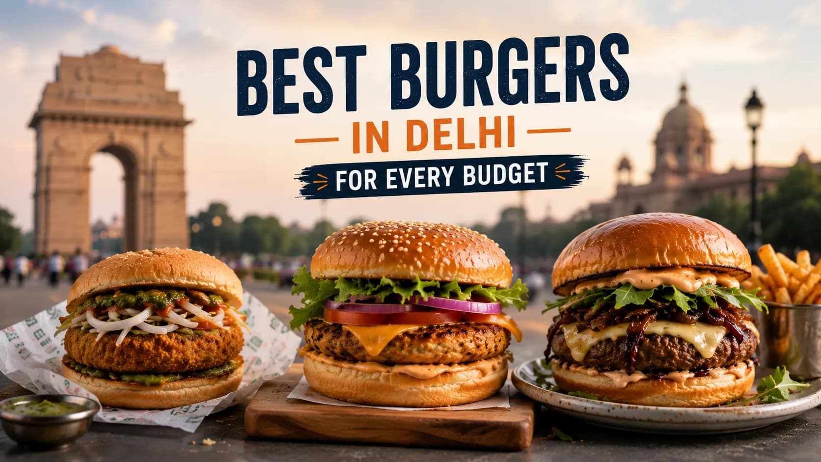 Three appetizing burgers representing budget, fast-food, and gourmet styles are displayed against a blurred Delhi skyline with India Gate, highlighting the city