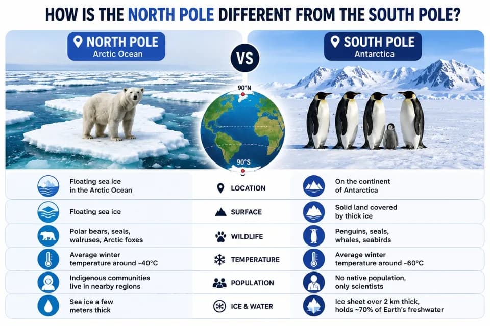 Comparison infographic showing the differences between the North Pole and South Pole, including location, climate, wildlife, temperature, ice type, and human presence.