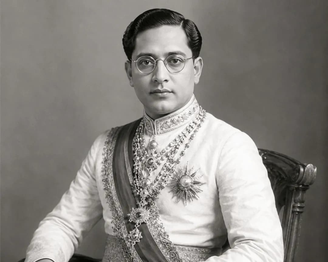 Portrait of Maharaja Bir Bikram in traditional royal attire, seated with a dignified expression against a simple background.