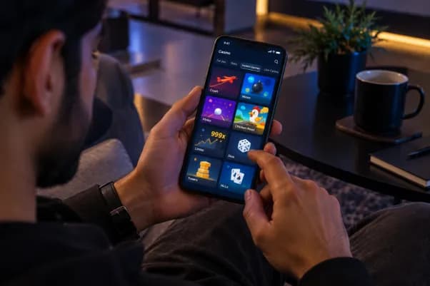 Man browsing instant casino games on a smartphone